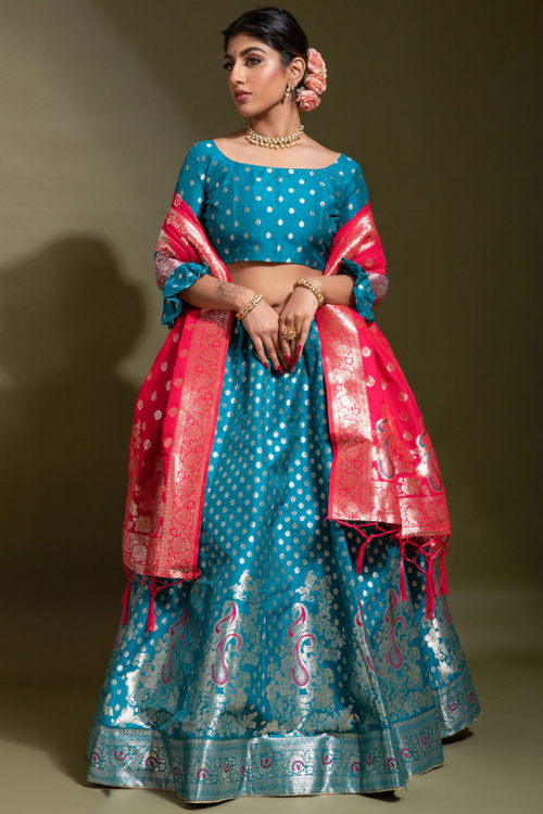 Aqua Blue Silk Woven Zari Lehenga