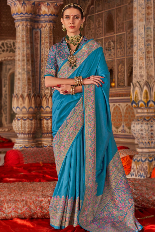 Aqua Blue Soft Silk Broad Border Saree With Printed Work