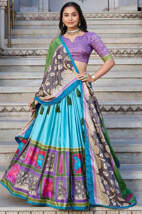 Aqua Blue Tussar Silk Printed Flared Style Lehenga
