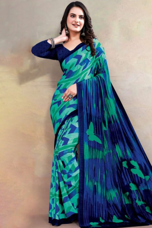 Aquamarine Blue Crepe Printed Casual Wear Saree