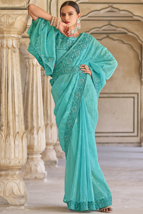 Aquamarine Blue lace Embroidered Organza Silk Fancy Saree 