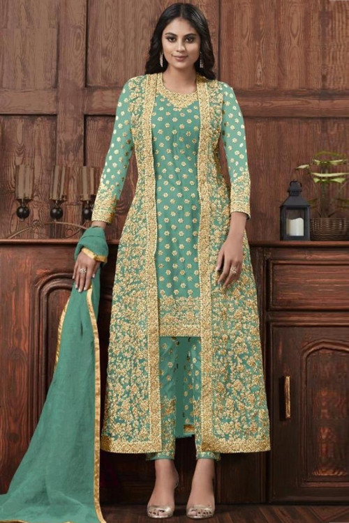 Aquamarine Blue Net Embroidered Trouser Suit With Dori Work
