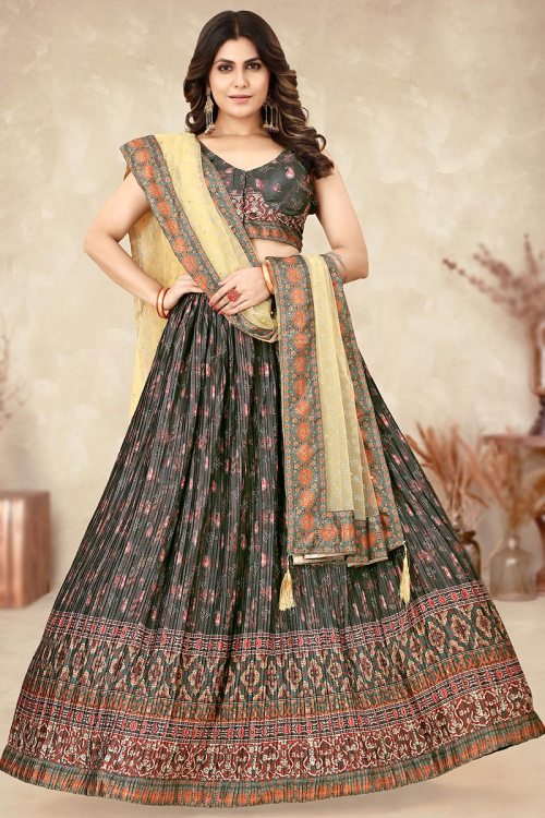 Army Green Chinnon Silk Flared Printed Lehenga