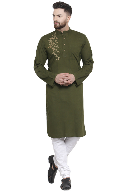 Army Green Cotton Embroidered Straight Cut Kurta 
