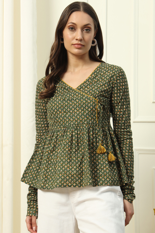 Army Green Cotton Printed Angrakha Short Ready Made Kurti