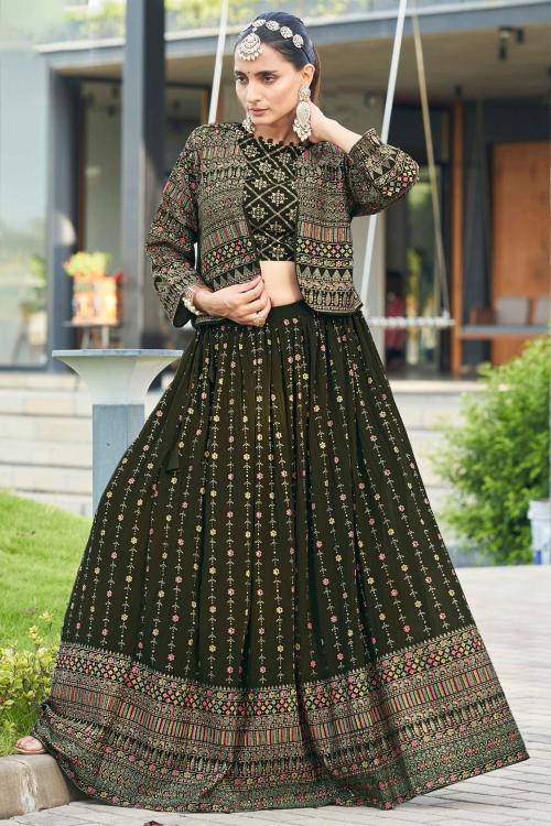 Army Green Georgette Embroidered A Line Lehenga 