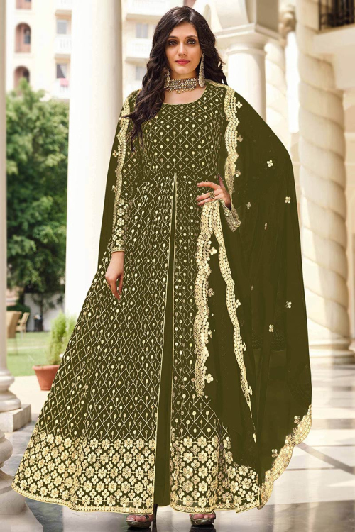 Army Green Georgette Embroidered Anarkali Suit