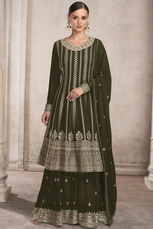 Army Green Georgette Zari Embroidered Sharara Suit