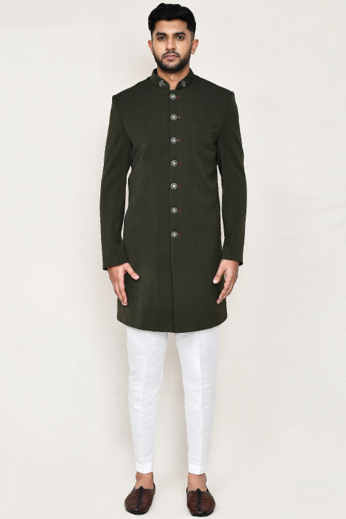Army Green Rayon Embroidered Ready Made Jacket Style Men's Sherwani