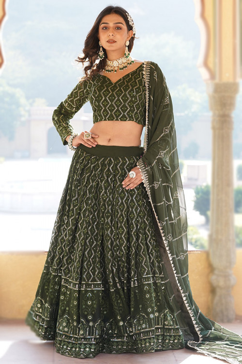 Army Green Sequins Embroidered Georgette Lehenga For Mehndi