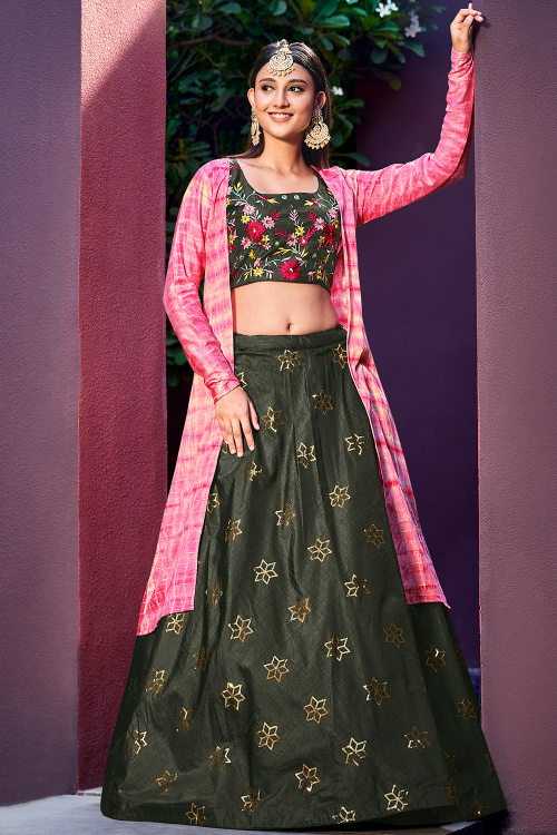 Army Green Silk Blend Embroidered Flared Style Lehenga