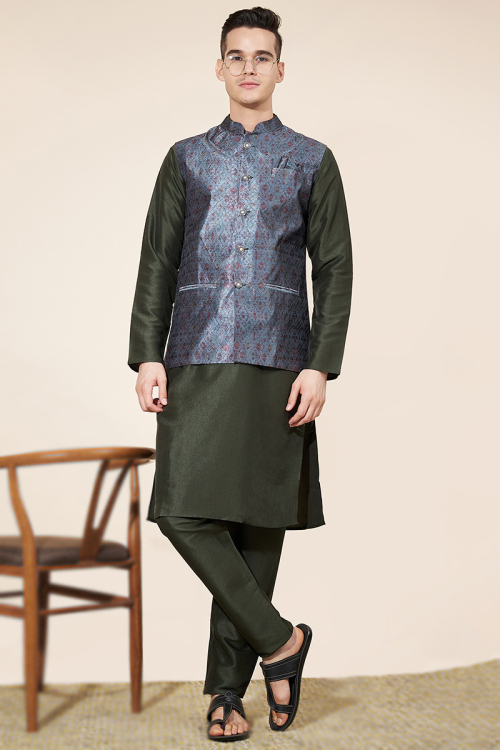 Army Green Silk Men's Kurta Pajama With Printed Jacket