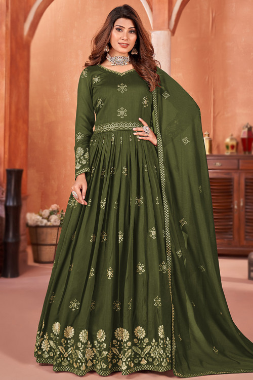 Art Silk Army Green Sequins Embroidered A Line Anarkali Suit 