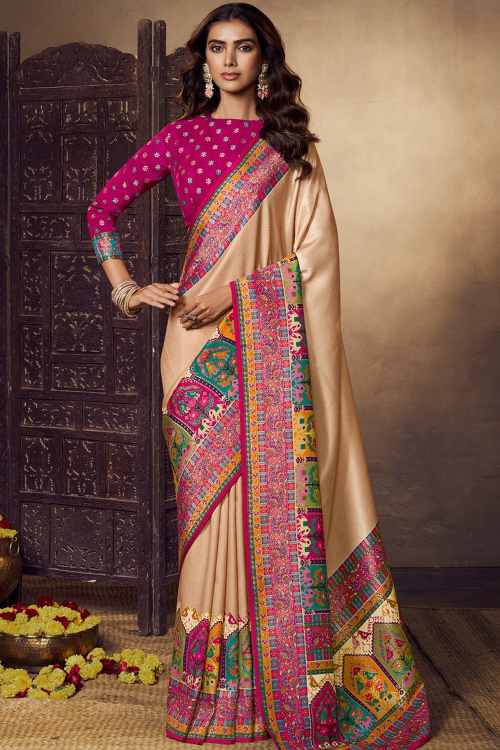 Art Silk Beige Saree With Weaved Work For Festival