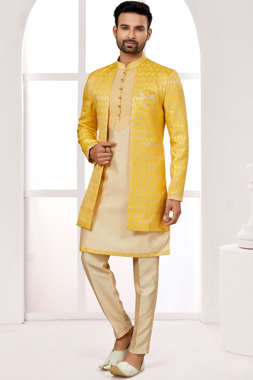 Art Silk Cream Kurta Churidar Set with Mustard Yellow Jacket
