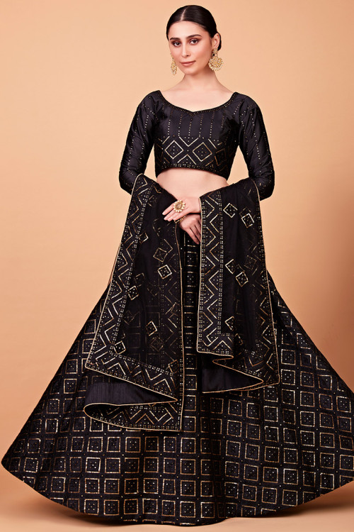 Art Silk Black Embroidered Flared Style Lehenga 