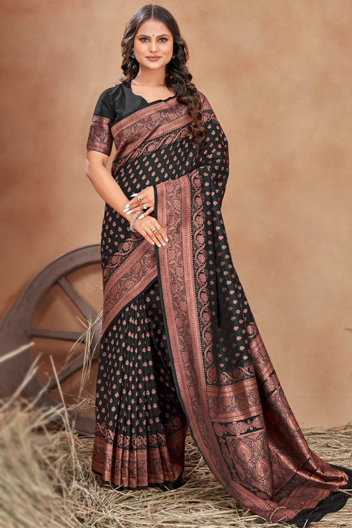 Art Silk Black Fancy Woven Zari Saree