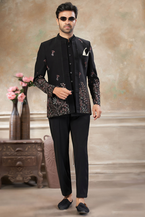 Art Silk Black Men's Sherwani With Embroidered Jacket For Wedding