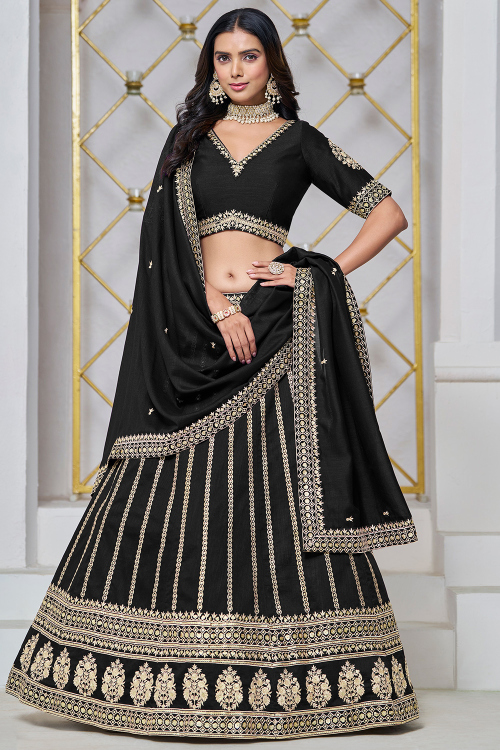 Art Silk Black Resham Embroidered Panelled Style Lehenga