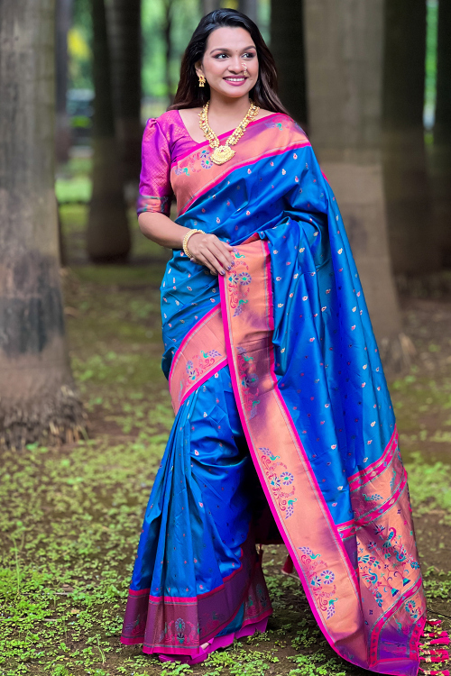 Art Silk Blue Broad Border Weaved Saree 