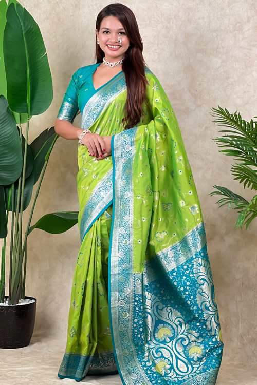 Art Silk Bright Green Saree With Weaved Work for Wedding