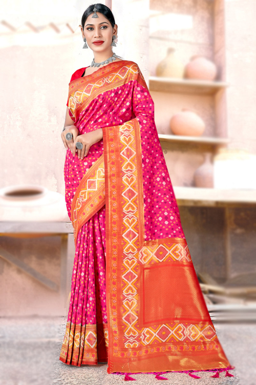 Art Silk Cerise Pink Zari Weaved Ikat Saree