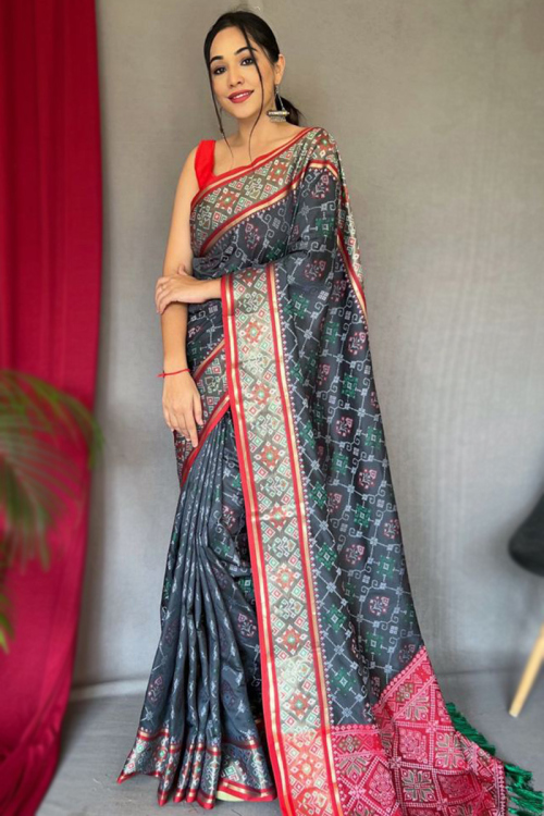 Art Silk Charcoal Grey Printed Broad Border Saree