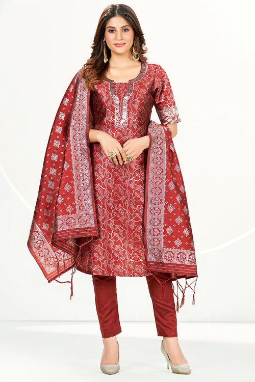 Art Silk Chilly Red Woven Zari Trouser Suit With Side Slit 