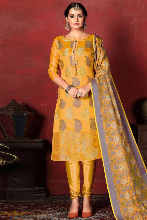 Art Silk Churidar Suit In Yellow Colour