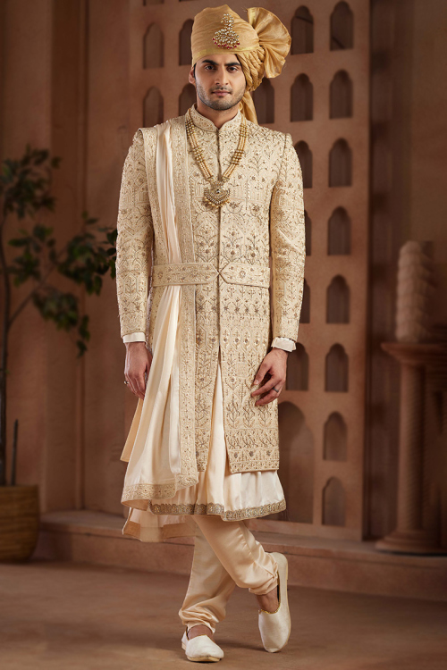 Art Silk Cream Beige Embroidered Men's Sherwani With Anarkali Style Kurta