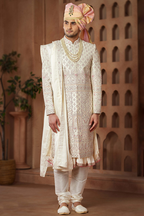 Art Silk Cream Embroidered Men's Sherwani With Anarkali Style Kurta