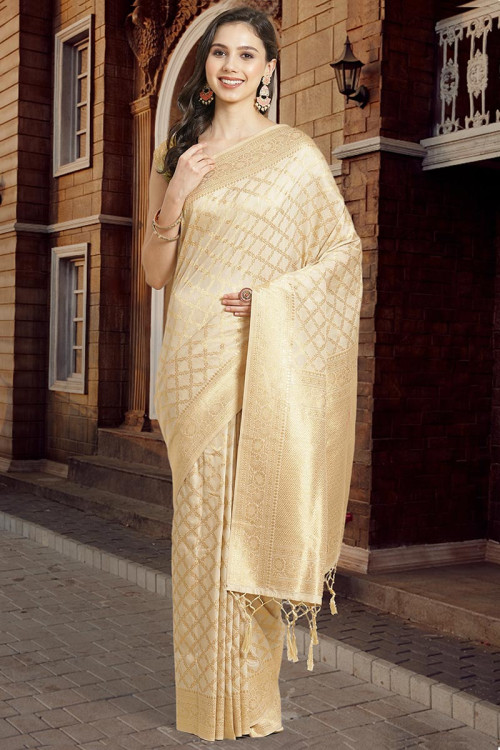 Amazon.com: ETHNIC EMPORIUM Cream Soft Organza silk Plain sari Golden zari  Border weightless south Indian woman saree 920d : Clothing, Shoes & Jewelry