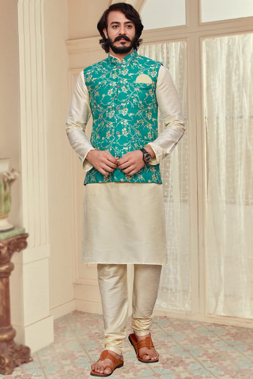 Cream Kurta Churidar Set with Art Silk Teal Blue Floral Jacket