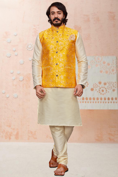 Cream Kurta Churidar Set with Yellow Floral Nehru Jacket