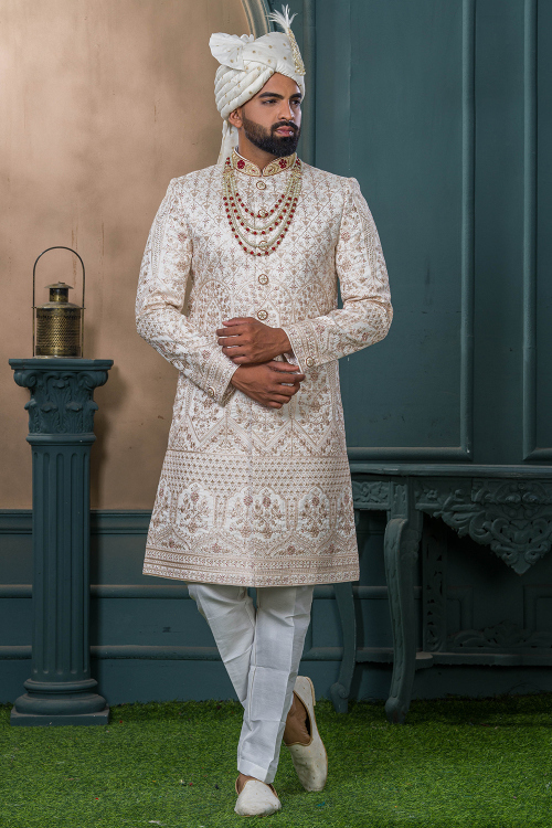Art Silk Cream Men's Sherwani With Stone Work For Wedding