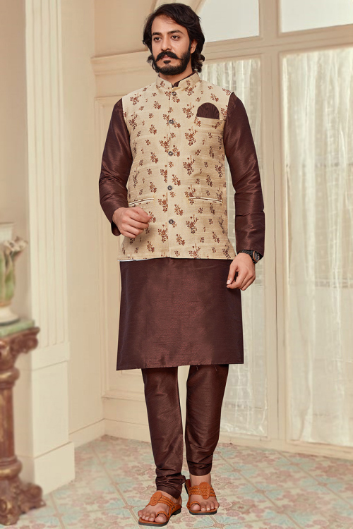 Art Silk Dark Brown Jacket Style Men's Kurta Churidar