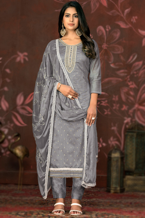 Silk Chanderi Dark Grey Woven Zari Straight Cut Trouser Suit