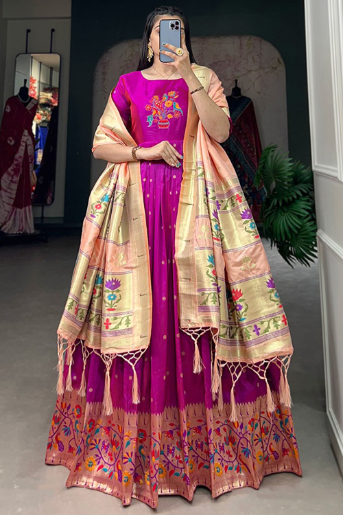 Art Silk Dark Pink Weaved A Line Anarkali Suit For Festival