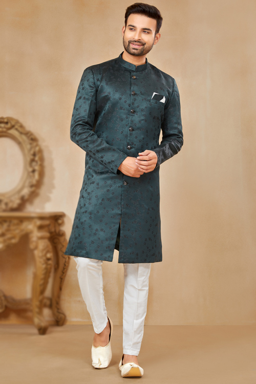 Art Silk Dark Teal Weaved Men's Sherwani 