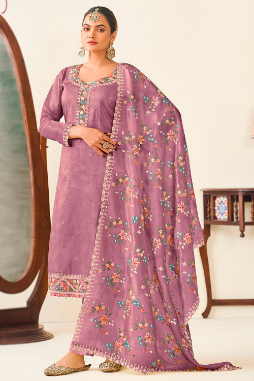 Art Silk Dusty Pink Embroidered Straight Cut Trouser Suit