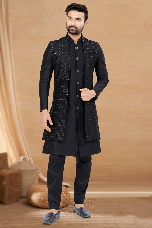 Art Silk Embroidered Black Traditional Men's Sherwani 