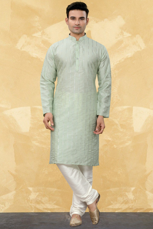 Art Silk Embroidered Mint Green Men's Kurta With Churidar