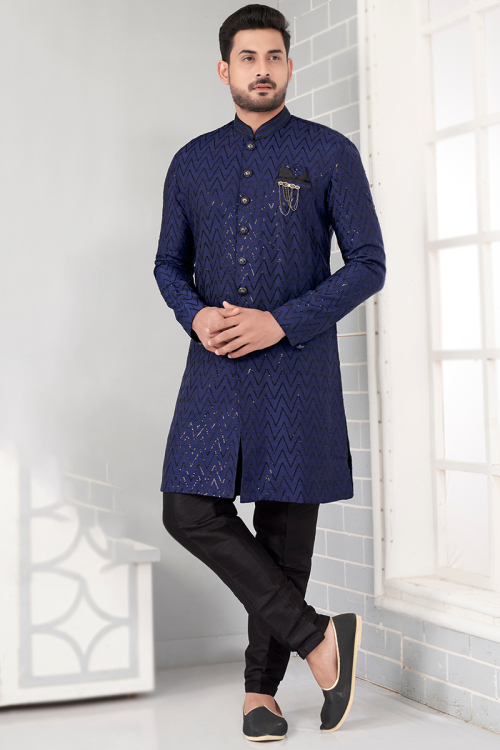 Art Silk Embroidered Navy Blue Straight Cut Men's Sherwani