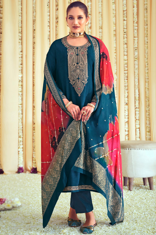 Art Silk Embroidered Peacock Blue Straight Cut Suit
