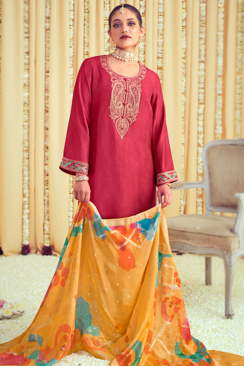 Art Silk Embroidered Ruby Pink Straight Cut Suit