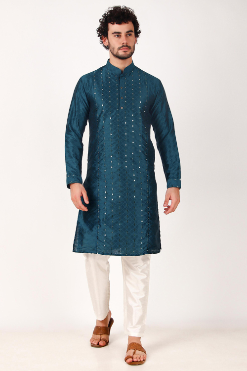 Art Silk Embroidered Teal Blue Straight Cut Men's Kurta Pajama
