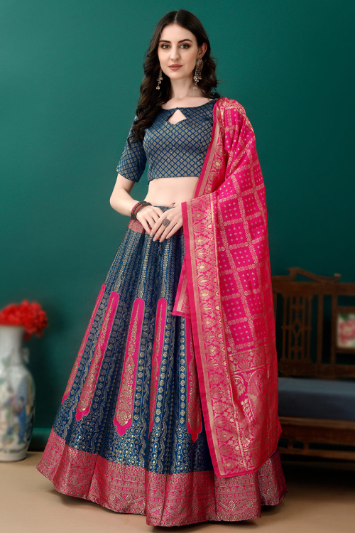 Art Silk Indigo Blue Woven Zari Panelled Style Lehenga