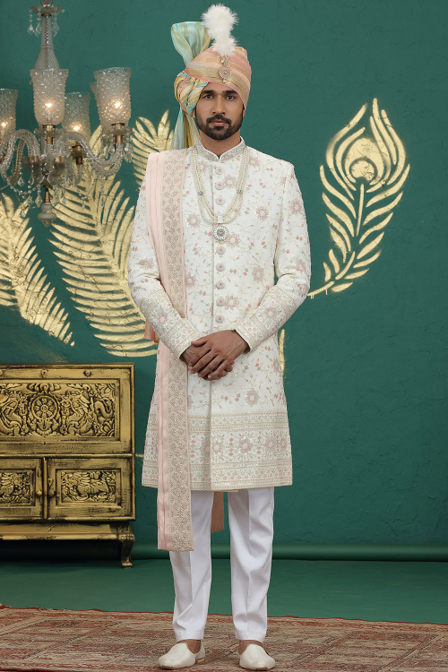 Art Silk Light Beige Embroidered Men's Sherwani For Wedding