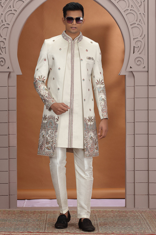 Art Silk Light Beige Embroidered Men's Sherwani For Wedding
