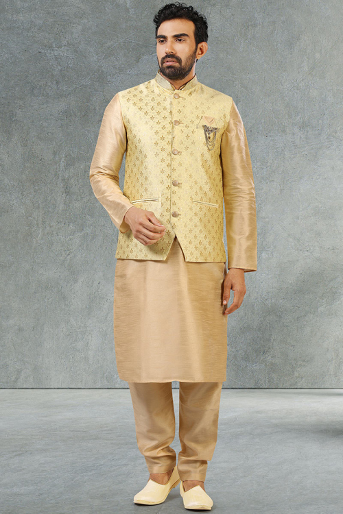 Art Silk Light Beige Men Shalwar Kameez With Waistcoat